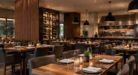 Salão de restaurante com madeira e luz baixa (imagem ilustrativa)
